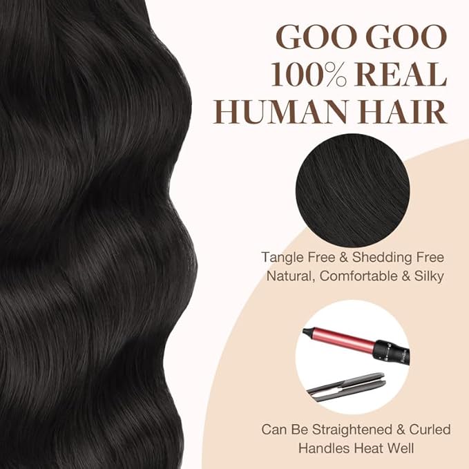 GOO GOO Tape in Hair Extensions Human Hair, 1B Natural black, 24inch 30g 10pcs, Skin Weft Seamless Invisible, Silky Straight with Thick Ends, Remy Human Hair