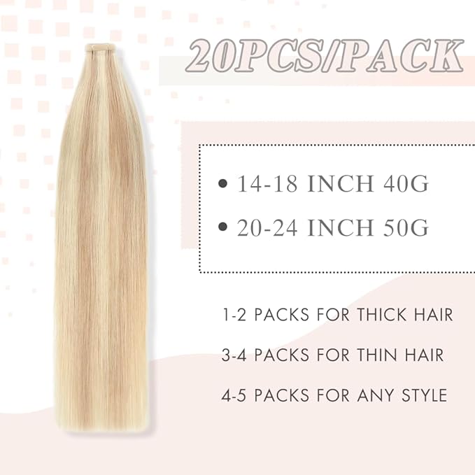 Tape in Human Hair Extensions Ash Blonde Highlighted Bleach Blonde 18 Inch 20pcs Straight Double Sided Remy Invisible Tape in Hair Extensions Human Hair (P18K/60#,18 Inch)
