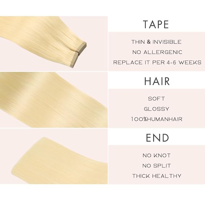 Tape in Hair Extensions Real Human Hair Platinum Blonde 20pcs Seamless Invisible Straight Hair Extensions (60#,18 Inch)
