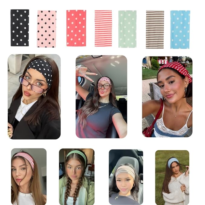 Polka Dot Headband,Stripe Head Bands 5 Pack Non Slip Soft Fabric Elastic for Girls Daily Heart Cute Hairbands, Fashion Striped Headbands for Women