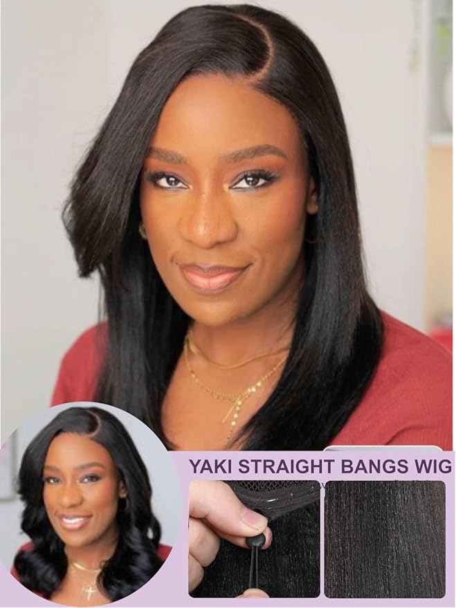 Yiroo Light Yaki Straight Wig Human Hair with Side Swept Bangs,7x5 Lace Front Bye Bye Knots Glueless Wig Human Hair Pre Plucked Pre Cut,Elastic Drawstring Wear and Go Wig for Women 150% Density 22Inch
