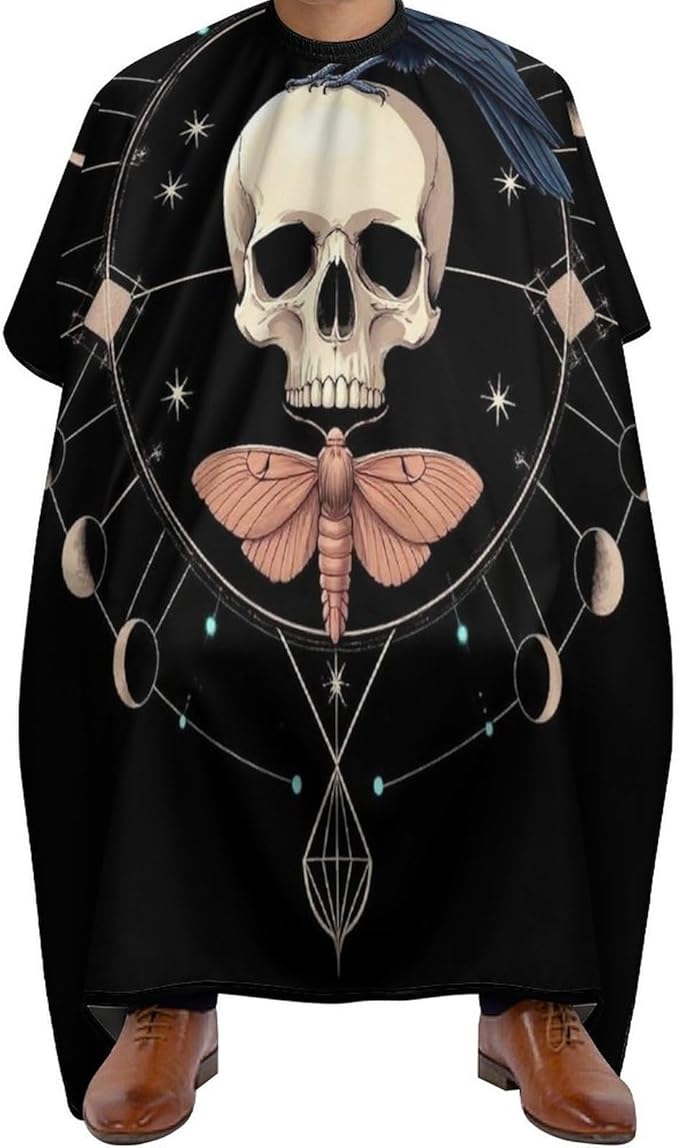 Large Size Salon Barber Cape, Black Raven Moon Skull Professional Hair Cutting Cape for Men Women