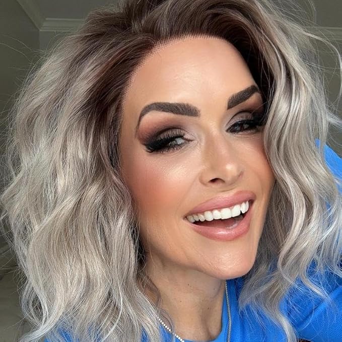 IMSTYLE Hazel Wavy Grey Wigs Short Bob Wavy Lace Front Wigs Synthetic Hair Wig 13 * 2 Inches Free Part with Natural Hairline Shoulder Length for Women