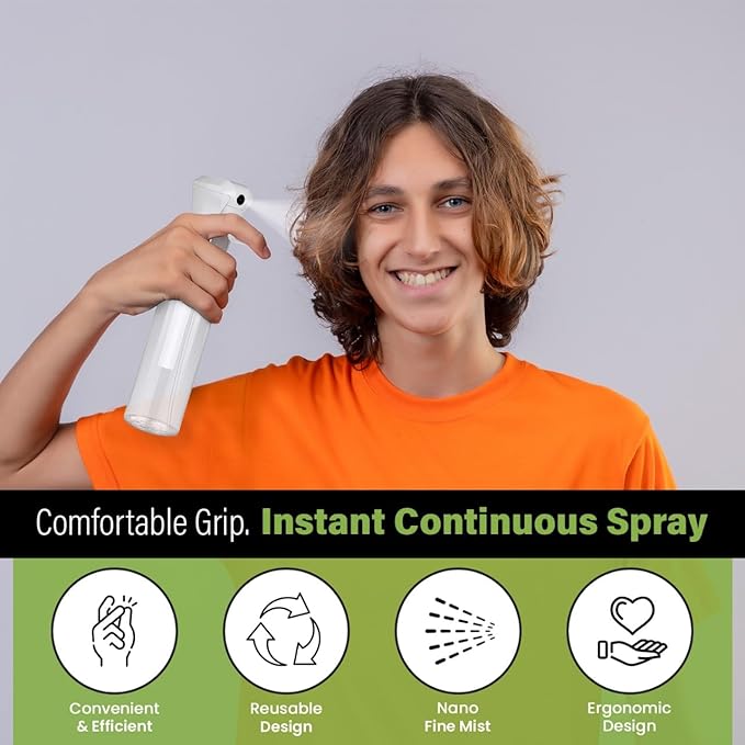 VigorPath Continuous Spray Bottle for Hair – Fine Mist Mister for Hairstyling, Cleaning, Plants, Pets, Barbers, Salons, and Essential Oil Applications (150ml/5 oz) Clear 2 Pack