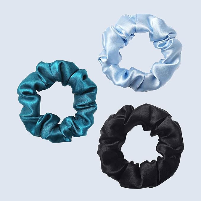 ZIMASILK 100% Mulberry Silk Hair Scrunchies – 19 Momme Elastic Silk Hair Ties for Women & Girls, Gentle No-Tug (3 Pack, Light Blue, Black, Peacock Blue)