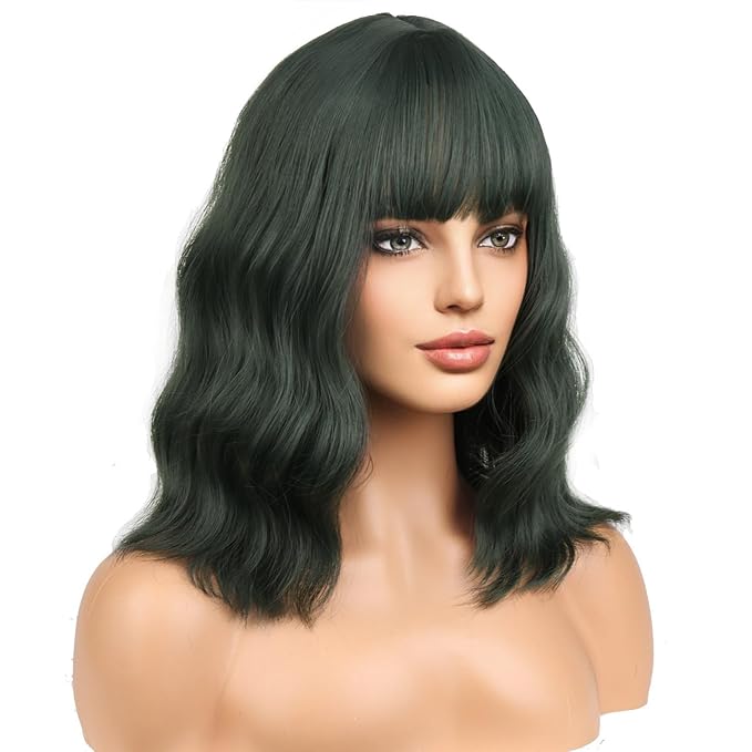 BERON 14 Inches Dark Green Wig for Women Short Curly Wig Green Wigs with Bangs Loose Wavy Wigs for Daily or Party