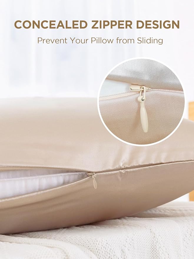 Mulberry Silk Pillowcase for Hair and Skin, SGMSILK 22 Momme Natural Silk Pillow Cases with Zipper, 6A Soft and Smooth Single Sided Pure Silk Pillow Cover (Champagne, King 20"x36")