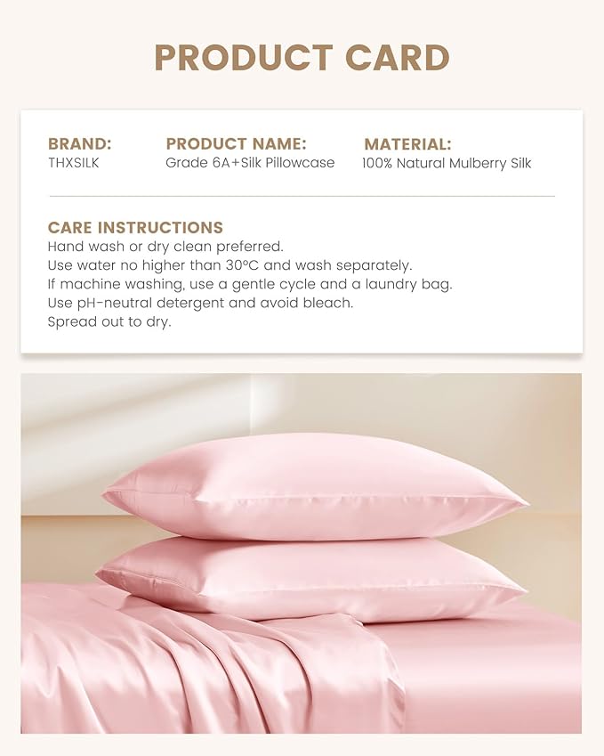THXSILK Set of 2 Mulberry Silk Pillowcase for Hair and Skin, Both Sides Real Mulberry Silk Pillow Cases with Hidden Zipper, Organic Silk Pillowcase Standard Size 20×26 inches, Light Pink