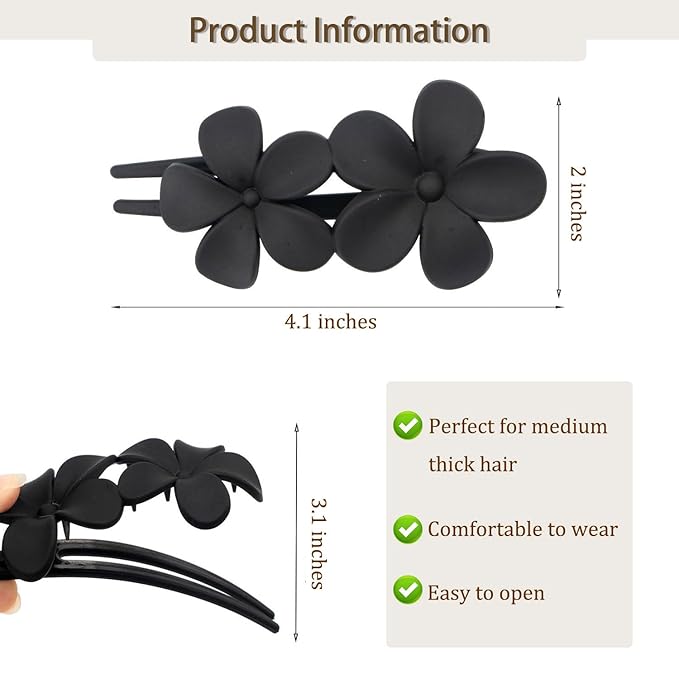 Flower Hair Clips for Women - French Flat Hair Claw, Matte Clips, Non-Slip Cute Duck Billed Claw for Thick Hair, Girls (Black, White)