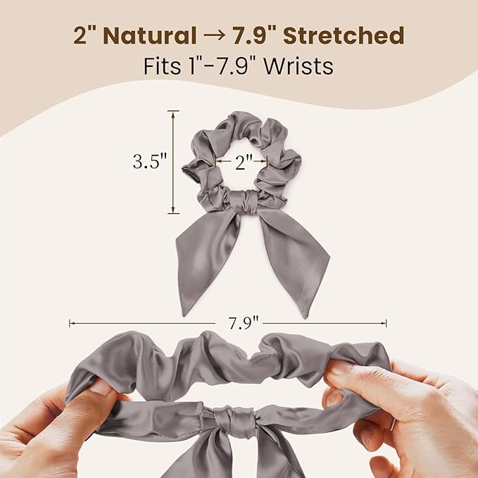 THXSILK 100% Mulberry Silk Bow Scrunchies 3-Pack, 22 Momme Mulberry Silk Hair Ties for Women, Cute Bunny Ear No Damage Ponytail Holders, Fashion Hair Accessories for Girls(M, Grey)