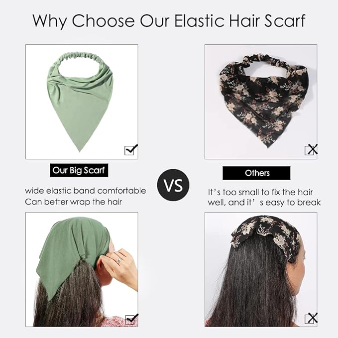 6 Pack Hair Scarf Headband for Women Elastic Bandana Head Scarf Large Boho Triangle Kerchief with Clips Non Slip Scarves