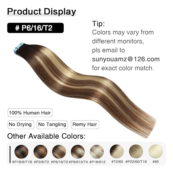 SUYYA Tape in Hair Extensions Human Hair Balayage Darkest Brown to Chestnut Brown and Light Blonde 20 Inch 50g/pack 20pcs Straight Seamless Skin Weft Tape in Real Hair Extensions(20inch #P6/16/T2)