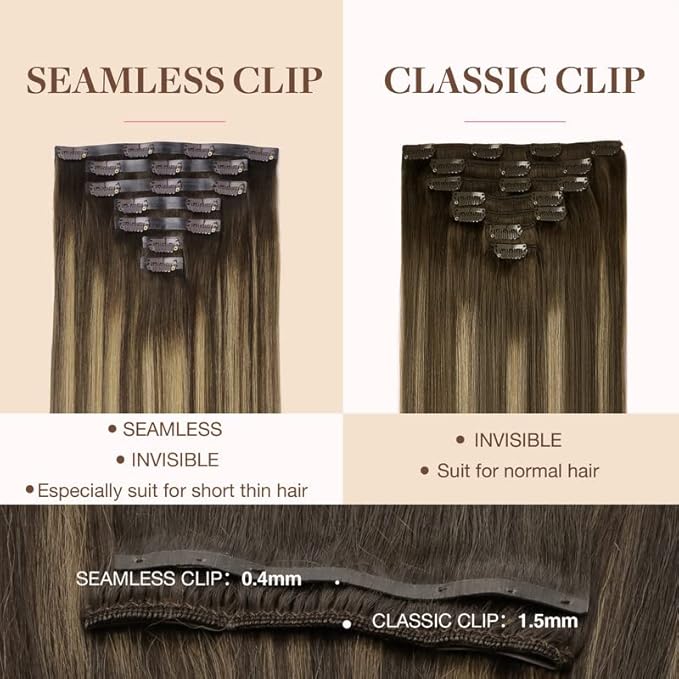 GOO GOO Clip in Hair Extensions Real Human Hair, Remy Human Hair Extensions Clip ins for Women, Natural Human Hair, 16inch 110g 7Pcs, 4/27/4 Balayage Chocolate Brown to Caramel Blonde