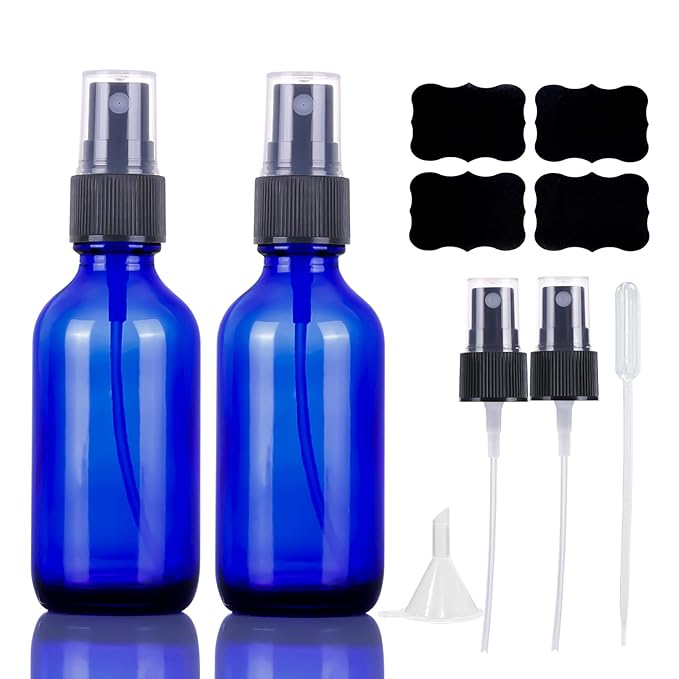2oz Blue Glass Spray Bottles,Empty Small Perfume Travel Refillable Reusable Fine Mister Spray Bottle for Hair,Cleaning Solutions,Aromatherapy and Essential Oil with Extra Nozzle(2 Pack)