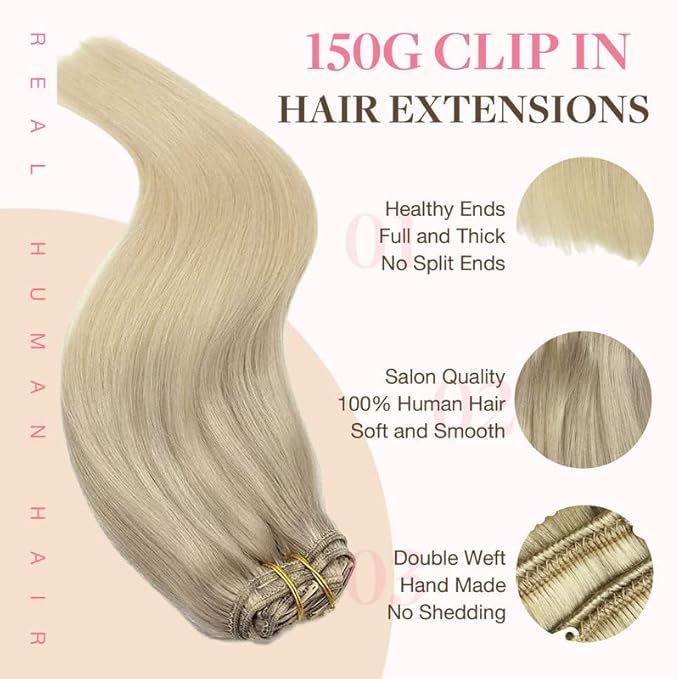 GOO GOO Clip in Hair Extensions Real Human Hair, Remy Human Hair Extensions Clip ins for Women, Natural Human Hair, 20inch 150g 9Pcs, 17/22/60 Balayage Ash to Platinum Blonde