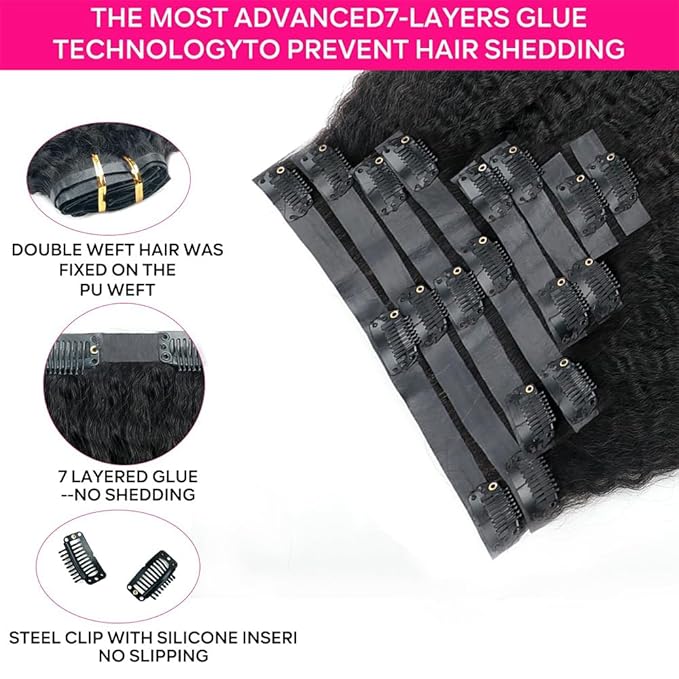 Seamless Kinky Straight Clip in Hair Extensions for Black Women Brazilian Virgin Human Hair Extensions 8Pcs Seamless Clip ins Human Hair with 18Clips Invisible PU Skin Weft 120g 26inch Natural Black