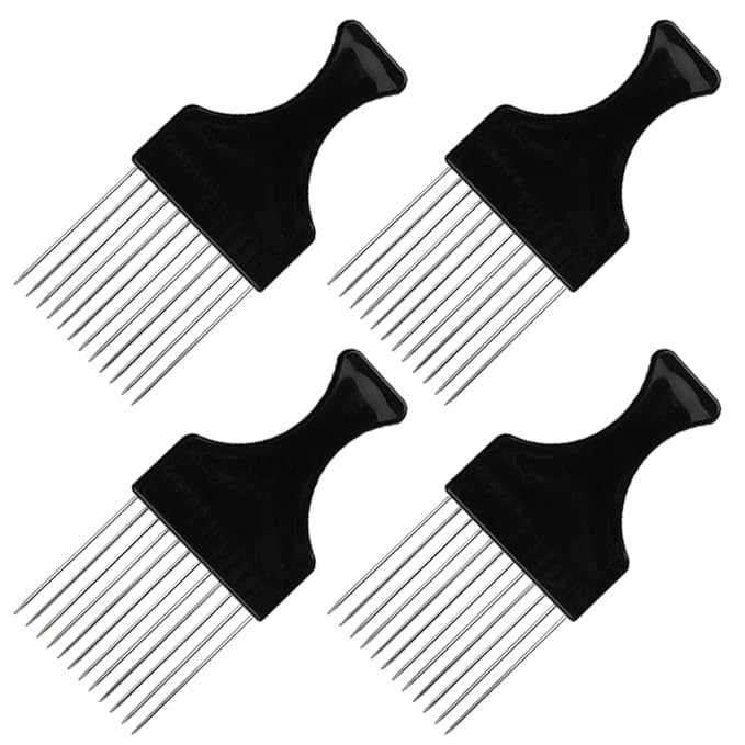 DaKuan 4 Pack Wide Tooth Afro Picks | Metal Detangling Comb for Natural Curly Hair, Braids, Wigs & Weaves | Gentle on Scalp, Strong Plastic Handle (Black)