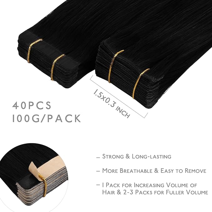WENNALIFE Invisi Edge & Classic Tape in Hair Extensions Human Hair, 16 Inch 100g 40pcs(20pcs Invisi Edge & 20pcs Classic) Jet Black Invisible Luxury Remy Hair Natural Seamless Injected Tape Ins