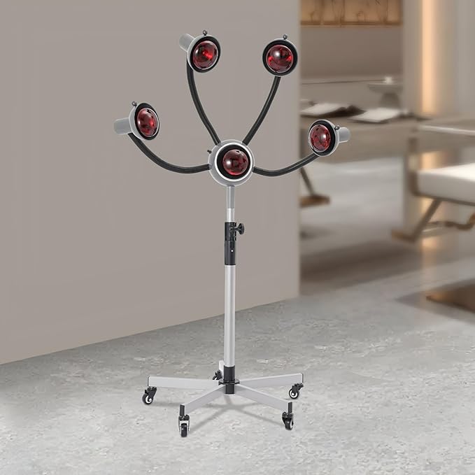 5 Head Infrared Light Heat Therapy Red Lamp, Salon Hair Steamer Perming Dyeing Adjustable Height Machine with Rolling Wheels, Infrared Dryer Hair Drying Care, Standing Infrared Heater