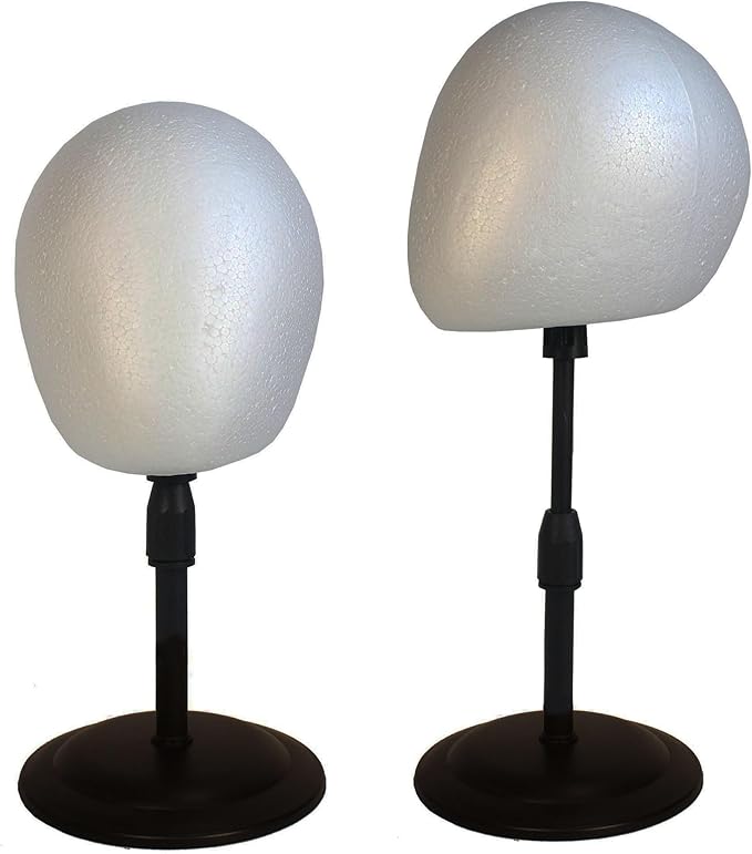 2 PACKS Adjustable wig or hat black styrofoam abstract mannequin head holder stand (13”to 17”)(AD02-White Egg)