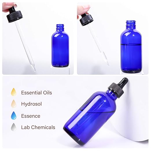 12 Pack 4oz Cobalt Blue Glass Bottles with Glass Eye Droppers for Essential Oils, Perfumes & Lab Chemicals (Brush, Funnels, 2 Extra Droppers, 24 Pcs Labels & 30ml Measuring Cup Included)