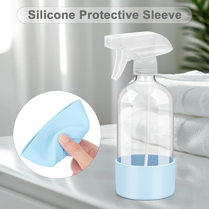2 Pack Glass Spray Bottles with Silicone Sleeve, 16 oz Empty Refillable Containers with Adjustable Spray Nozzles, Spray Bottles for Hair, Cleaning Solutions and Plants Blue&Pink