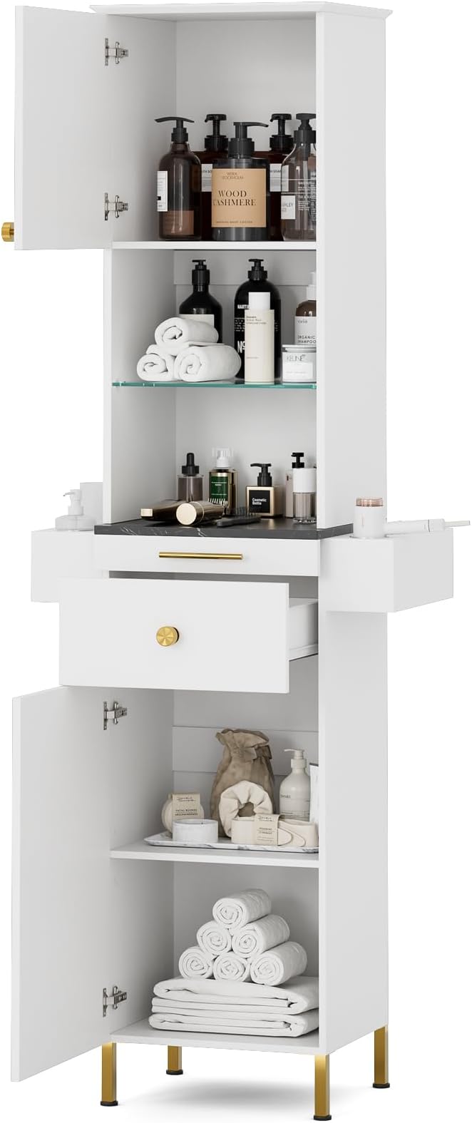 Paddie Barber Station Hair Salon Station, Salon Stations for Hair Stylist, Beauty Salon Spa Equipment w/Glass Shelf, 2 Storage Cabinet & Drawers, 6 Hair Dryer Holders for Hair Styling（White）