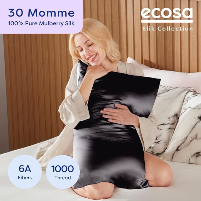 ECOSA Luxurious 30 Momme 100% Mulberry Silk Pillowcase (50x70cm) – 6A Grade Charmeuse Weave, Oeko-TEX® Certified – Frizz-Free Hair & Wrinkle-Free Skin (Charcoal)