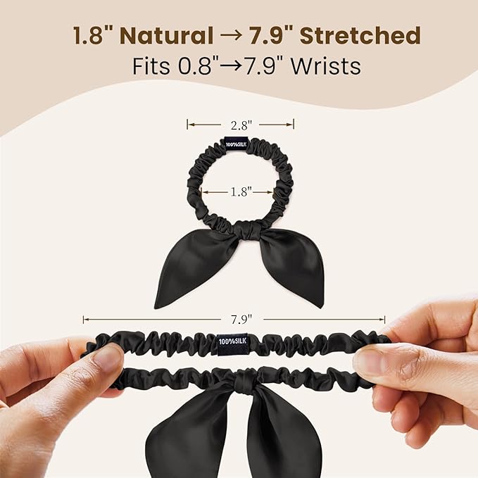 THXSILK 100% Mulberry Silk Bow Scrunchies 3-Pack, 22 Momme Mulberry Silk Hair Ties for Women, Cute Bunny Ear No Damage Ponytail Holders, Fashion Hair Accessories for Girls(S, Dark Colors)