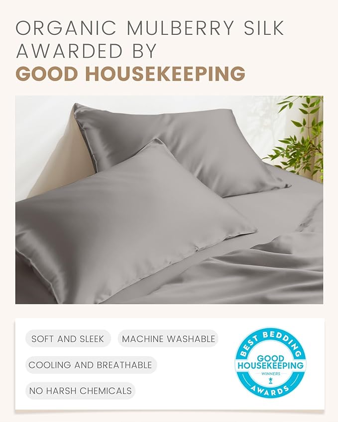 THXSILK Set of 2 Mulberry Silk Pillowcases for Hair and Skin, 100% Mulberry Silk Bed Pillowcase with Hidden Zipper, Silk Pillow Covers Soft Breathable Smooth, Silk King Pillow Case (Grey)