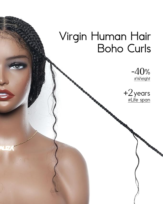 Human Hair Boho Curls Hand-Tied HD Full Lace Wig - 36" Salon-Level Small Box Synthetic Braids (79 Braids, Medium Density) Pre-Cut Swiss HD Lace, Pre-Plucked, Knotless, Tangle-Free - Black 1B