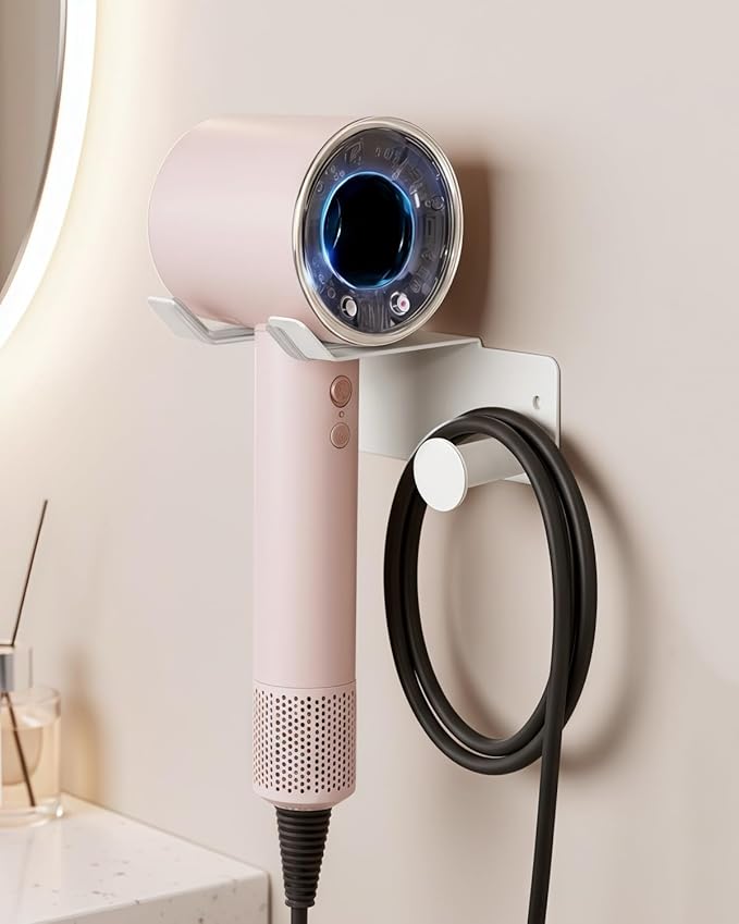 Hair Dryer Holder, Dyson Hair Dryer Holder, Blow Dryer Holder with Cord Hook SUS304 Stainless Steel Wall Mount, Self Adhesive/Screw Space Saving Hairdryer Holder for Bathroom White Ptalseaw