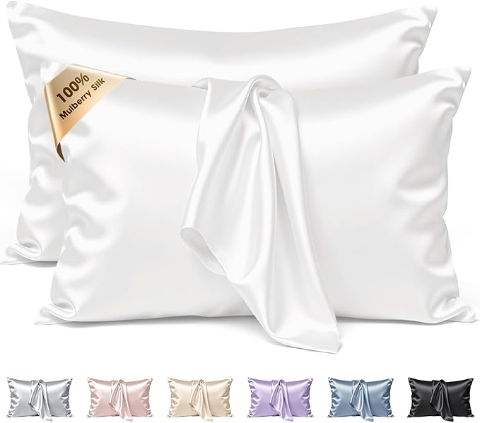 Silk Pillow Cases 2 Pack King Size Mulberry Silk Pillowcase Set of 2 for Hair & Skin 36 x 20 Inches 22 Momme Grade 6A Silk Soft Breathable Cooling with Hidden Zipper, White