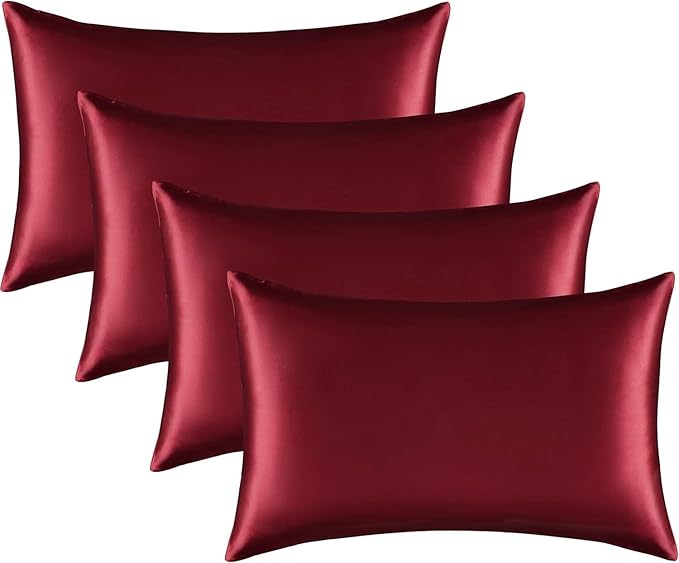 Satin Silk Pillowcase for Hair and Skin, Black Pillow Cases Standard Size Set of 4 Pack Super Soft Pillow Case with Zipper Closure (Burgundy, Queen(4 Pack))
