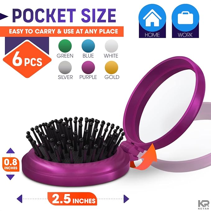 Mini Hair Brush Set of 6 - Foldable Travel Brushes for Hair in Assorted Colors – Lightweight and Portable Travel Brush for Women with Mirror for Quick Touch-Ups
