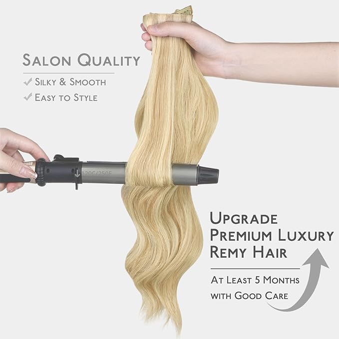 WENNALIFE Invisi Edge & Classic Seamless Clip in Hair Extensions Real Human Hair, 14 Inch 130 9pcs Light Blonde Highlighted Golden Blonde Hair Extensions for Women Invisible Straight Injection