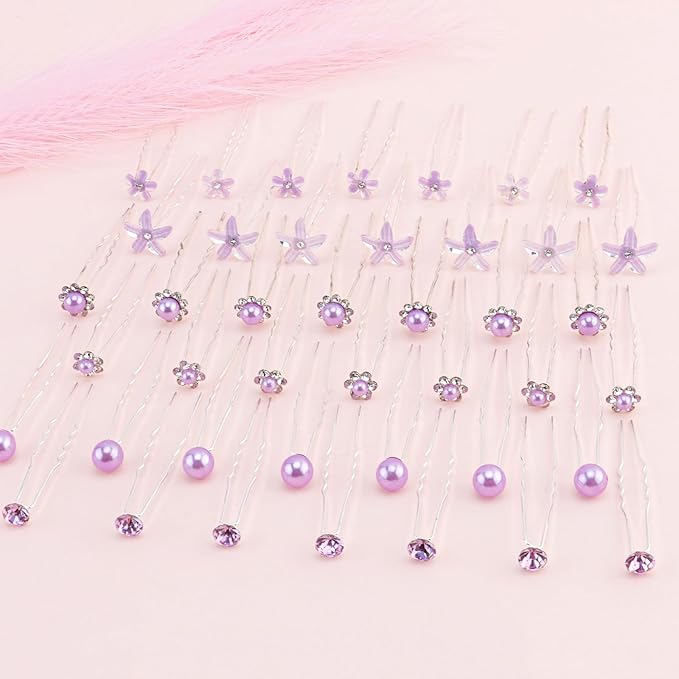 CUBACO 42PCS Mini Hair Pins for Girls, Cute Purple Wedding Hair Accessories for Women Flower Clips Rapunzel Costume for Women Bridal Pins Decorative for Brides Bridesmaids, Gift for Girls