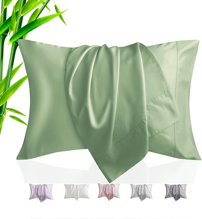 TELUS Pillow Cases King Size 2 Pack, Bamboo Rayon & Lyocell Pillowcase with Envelope Closure, Cooling Breathable Pillow Cover for Hot Sleeper & Night Sweats, 20x40 inch, Sage Green