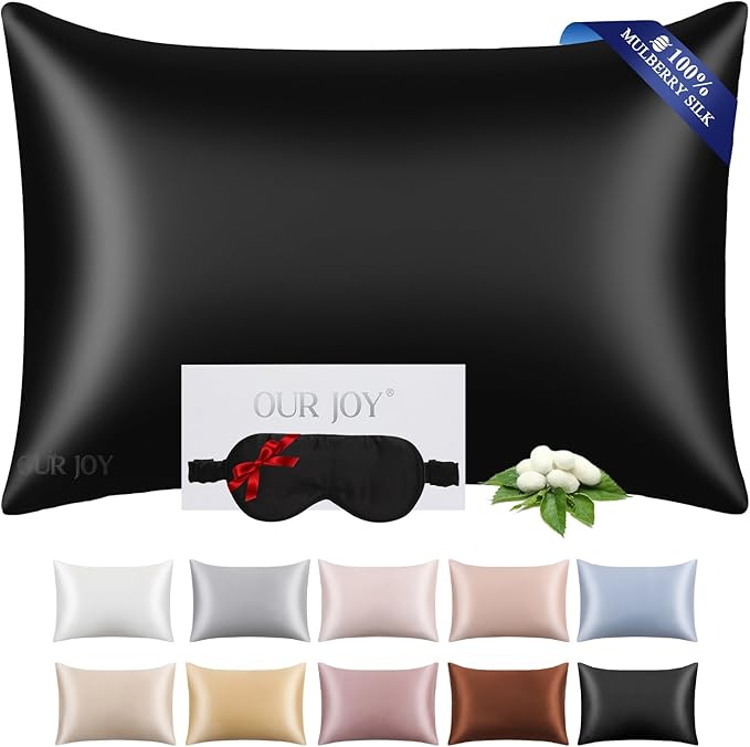 100% Mulberry Silk Pillowcase 22 Momme (SGS Certified) with Free Silk Eye Mask - Luxury Gift-Ready Folded Packaging, Cooling Pillow Cover for Hair & Skin Care (Black, Standard (1 Pack))