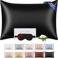 100% Mulberry Silk Pillowcase 22 Momme (SGS Certified) with Free Silk Eye Mask - Luxury Gift-Ready Folded Packaging, Cooling Pillow Cover for Hair & Skin Care (Black, Standard (1 Pack))