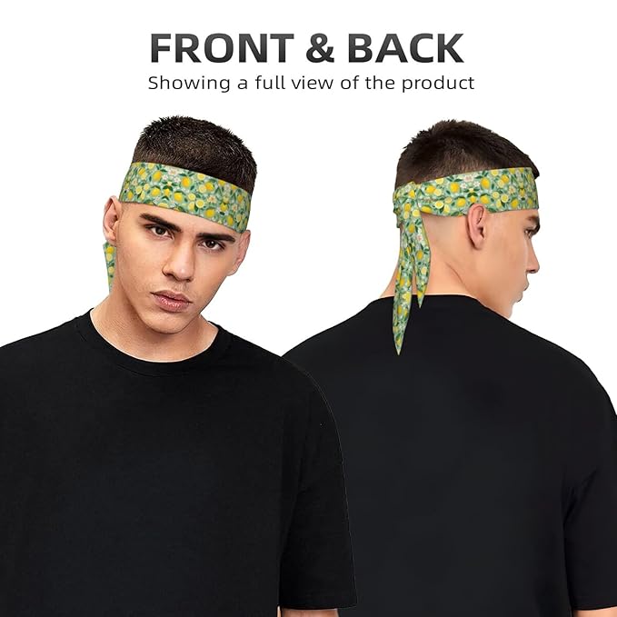 Men's Women Lovely Sports Sweat Band Hair Decor for Sports Workout Spa, Long Boho Style Lemon Tree Leaves Tropical Flowers Floral Head Ribbon Headwear