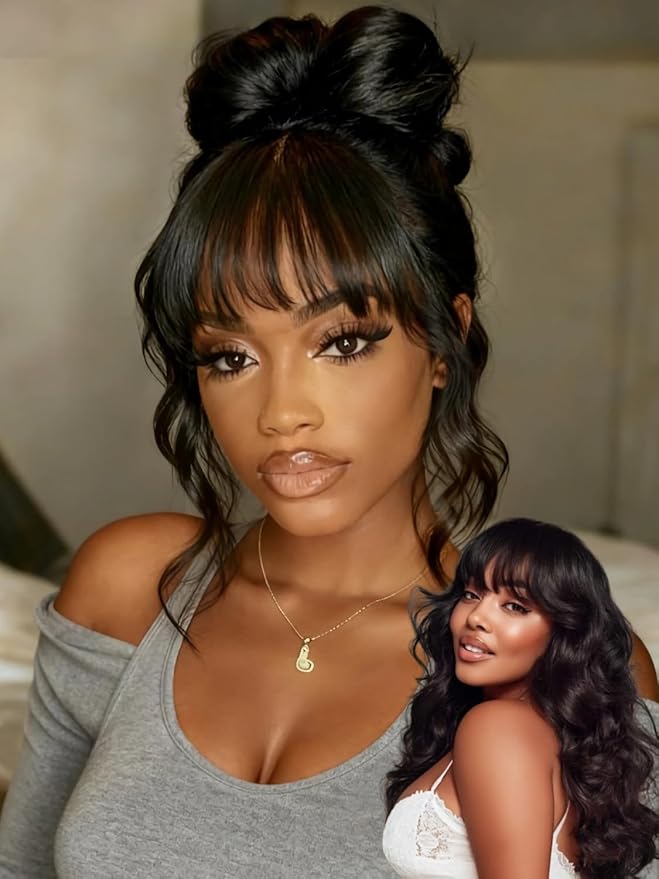 Julia Hair Bye Bye Knots Curtain Bangs Wig Glueless Fluffy Natural Loose Wave Pre Cut 7x5 HD Lace Front Wigs Invisible Pre Plucked Pre Everything Body Wave Put on and Go Wig for Women 20 Inch