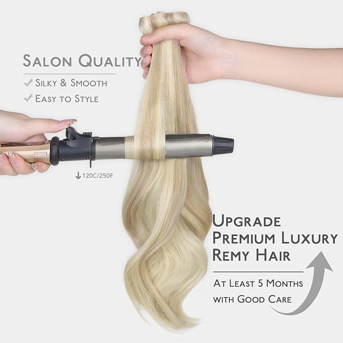 WENNALIFE Invisi Edge Clip in Hair Extensions Real Human Hair, 22 Inch 150g 7pcs Ash Blonde Highlighted Platinum Blonde Seamless Clip in Extensions Remy Hair Clip Ins Invisible PU Skin Weft Straight
