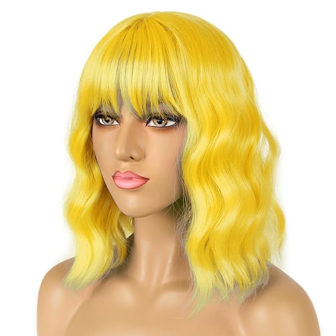 LANICE Yellow Wig Short Bob Wigs with Bangs for Women Loose Wavy Hair Shoulder Length Wigs Synthetic Colorful Wigs for Cosplay Daily PartyUse(Yellow，12inch)