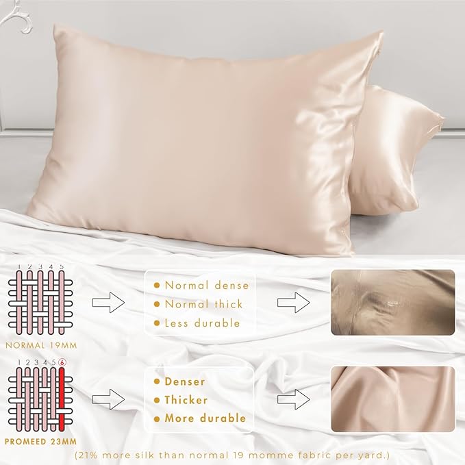 PROMEED 23 Momme Silk Pillowcase 2 Pack with Zipper, 3rd Gen Grade 6A+ 100% Mulberry Silk Pillow Case Set of 2, Cooling Pillow Cases for Hot Sleepers (Queen 20"x30", Champagne)