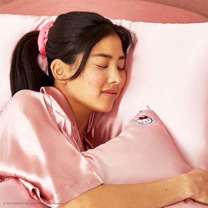 Kitsch x Hello Kitty Pillow Case – Solid Pink Kitty Face Toddler Bed Time Satin Pillowcase with Zipper – Soft Cooling Pillow Cover for Hair & Skin – Better Than Silk Pillowcase – Queen/Standard 19x26