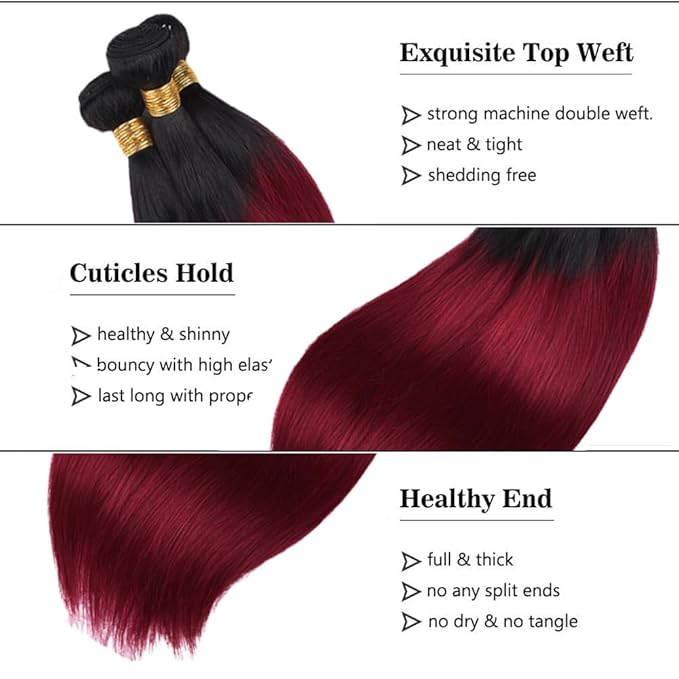 99j Bundles Human Hair Ombre Red Straight Bundle Niegmeag Brazilian Virgin Remy Hair 3 Bundles 22 24 26 Inch Double Weft 2 Tone Black and Burgundy Straight Bundle Hair Weave