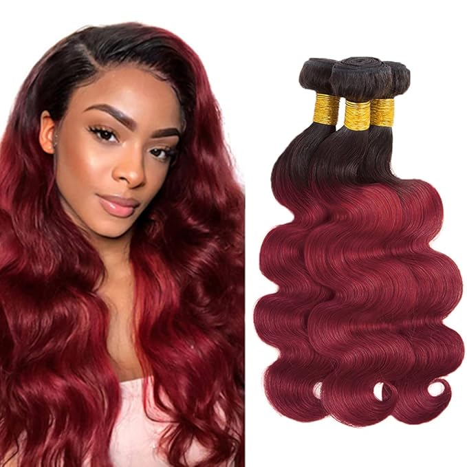 Burgundy Bundles Human Hair Ombre Red Body Wave Bundles 18 20 22 Inch Niegmeag Virgin Remy Hair Extensions Double Weft 1B99J Body Wave Bundle 150g