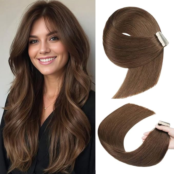 Tape in Hair Extensions Human Hair, 20pcs 16 Inch Dark Brown Remy Hair Extensions Straight Human Hair Tape in Extensions Skin Weft Tape Extensions Human Hair (4#,16 Inch)