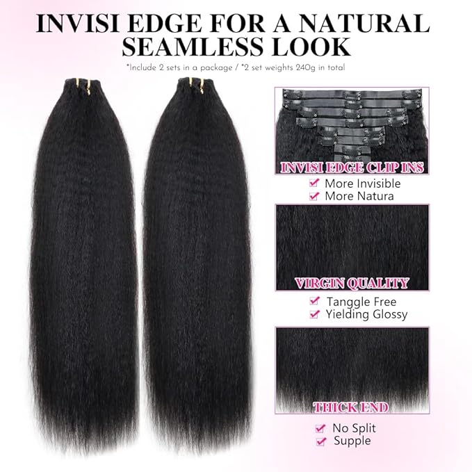 Invisi Edge Clip In Hair Extensions Human Hair 2 Pack 240g 16pcs Kinky Straight Invisible Clip Ins For Women Full Head Injected Clip Ins Remy Human Hair Extensions Natural Color 14inch